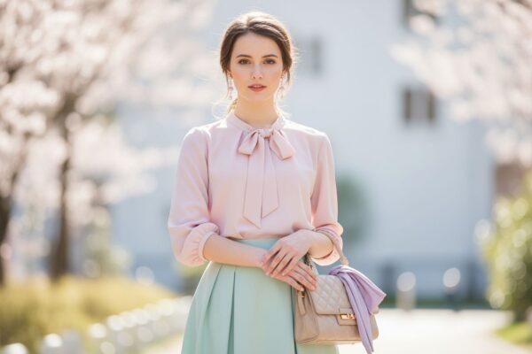 Mladá žena v pastelovém outfitu stojí venku s jarním rozkvetlým pozadím.