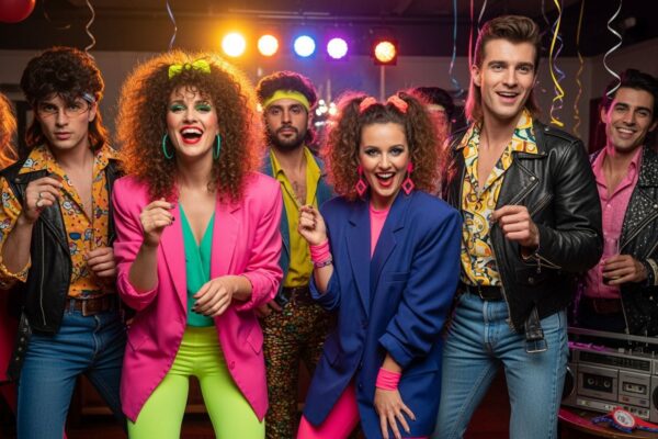Fotorealistická osmdesátková párty s lidmi v typickém oblečení a osvětlením disco světel