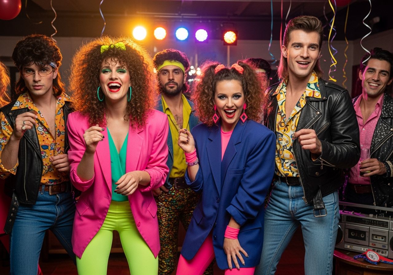 Fotorealistická osmdesátková párty s lidmi v typickém oblečení a osvětlením disco světel