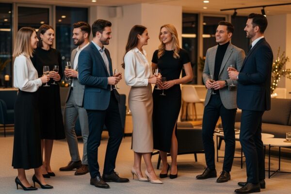 Skupina mladých profesionálů v elegantním oblečení na večírku v moderní kanceláři.