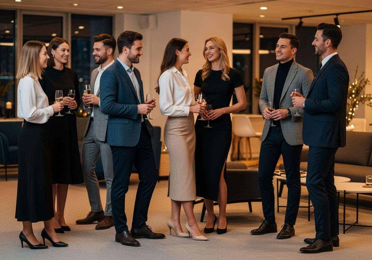 Skupina mladých profesionálů v elegantním oblečení na večírku v moderní kanceláři.