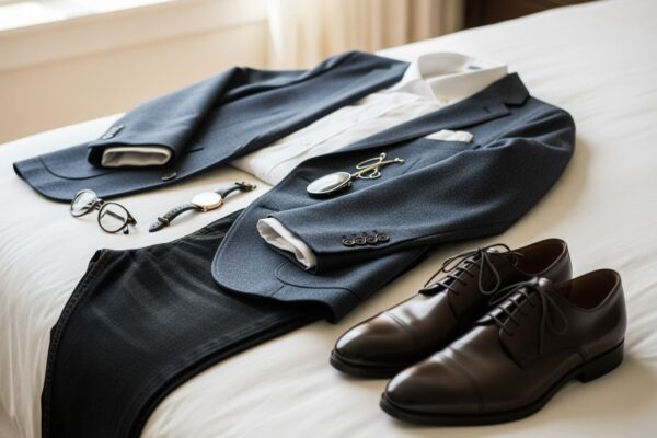 Fotorealistický outfit na sraz: sako, bílá košile, džíny, kožené boty, hodinky a brýle na posteli.