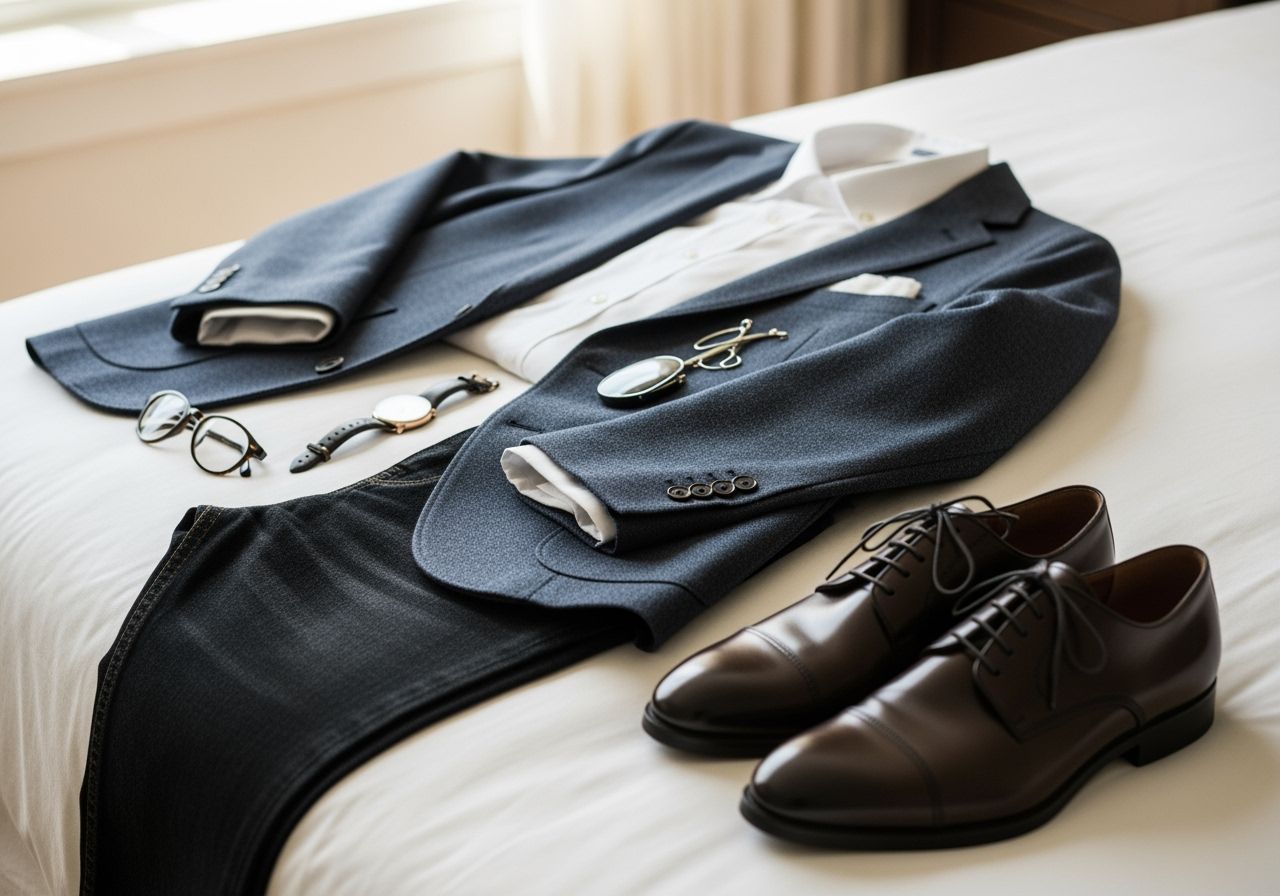 Fotorealistický outfit na sraz: sako, bílá košile, džíny, kožené boty, hodinky a brýle na posteli.