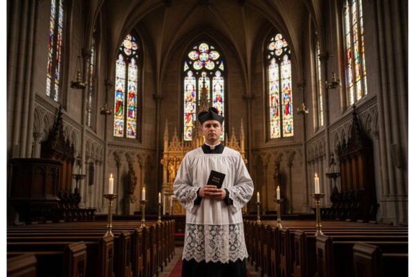Muž v tradičním róbu stojí v katolickém kostele při latinské mši s liturgickou knihou v ruce