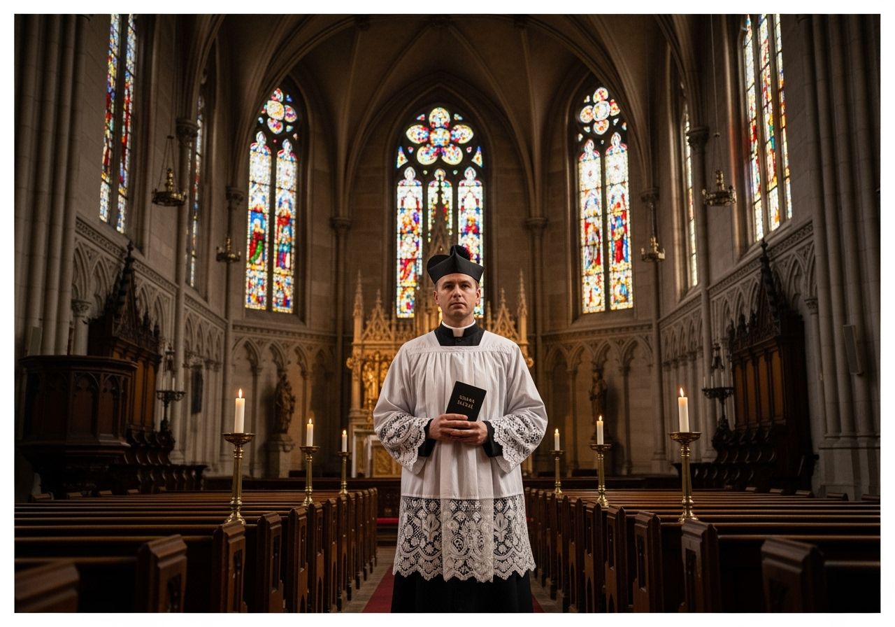 Muž v tradičním róbu stojí v katolickém kostele při latinské mši s liturgickou knihou v ruce