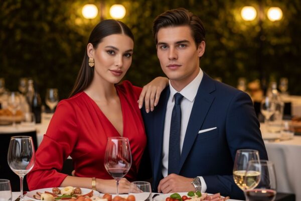 Mladý pár v elegantním italském oblečení na večírku s vínem a tradičními předkrmy v teplém osvětlení