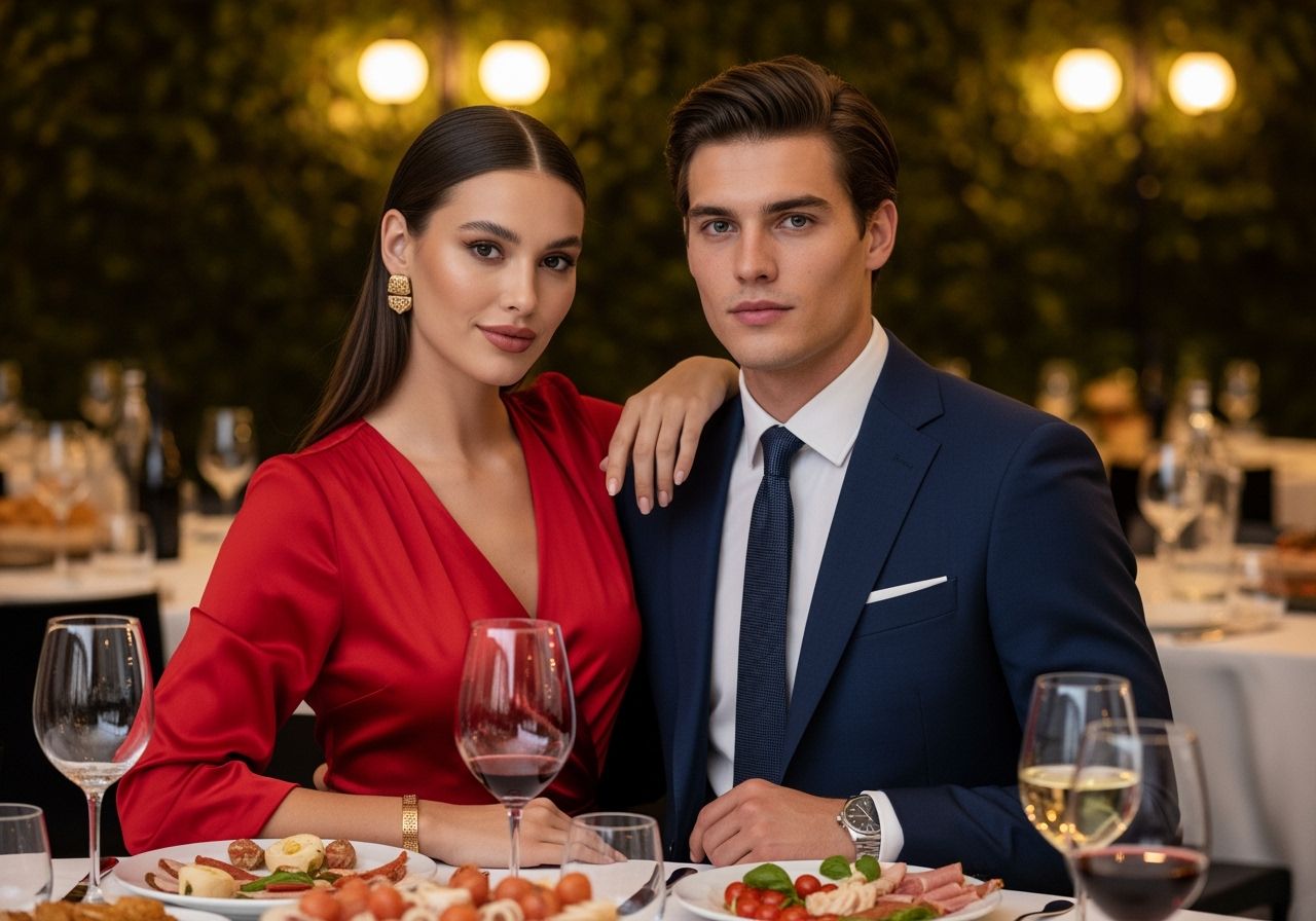 Mladý pár v elegantním italském oblečení na večírku s vínem a tradičními předkrmy v teplém osvětlení