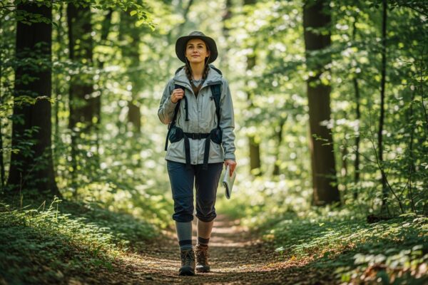 Mladá žena s batohem a mapou na lesní stezce během dne v outdoorovém oblečení
