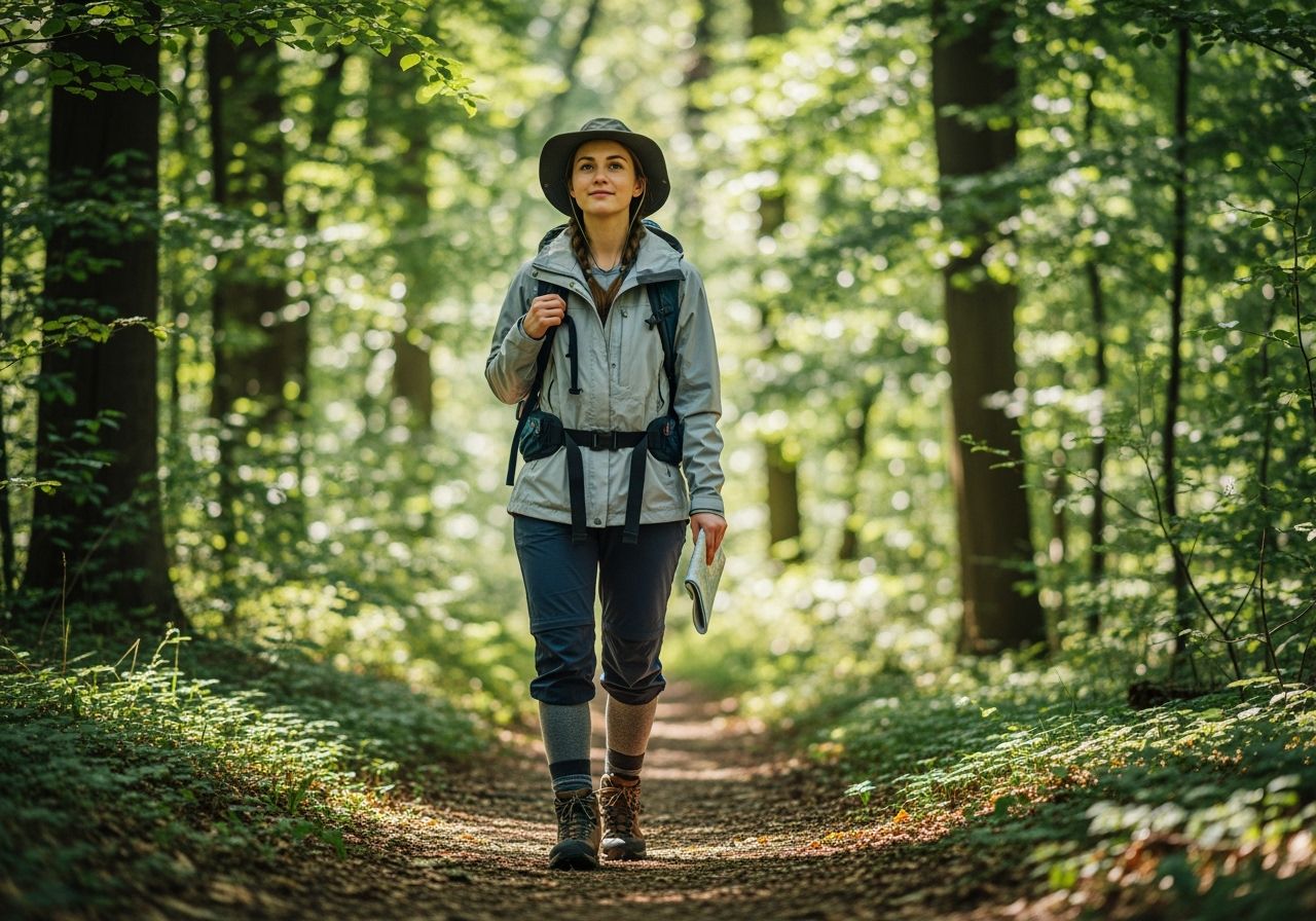Mladá žena s batohem a mapou na lesní stezce během dne v outdoorovém oblečení