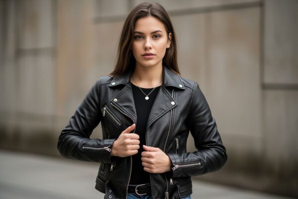 Mladá žena v černé kožené ramonesce pózuje na městském pozadí, zaměřeno na detaily bundy.