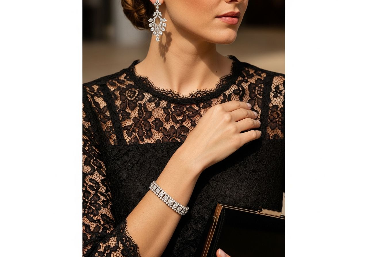 Žena v černých krajkových šatech s náušnicemi, náramkem a černou kabelkou v elegantním večerním stylu