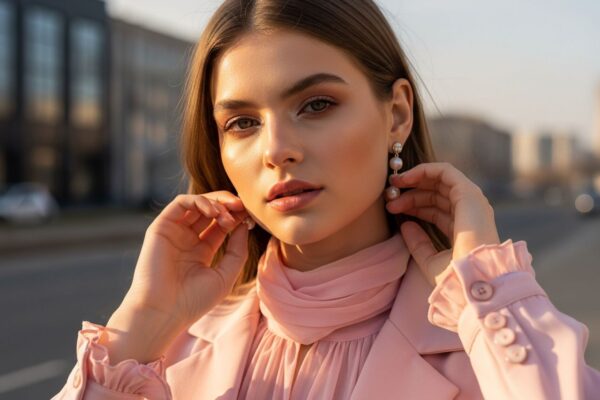 Mladá žena v růžovém elegantním oblečení s jemným líčením v městském prostředí.