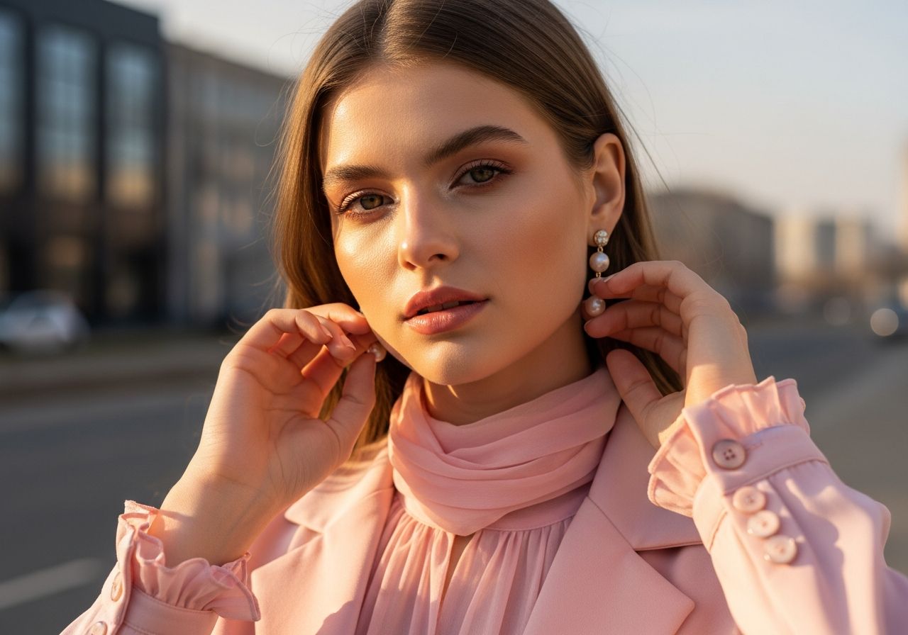 Mladá žena v růžovém elegantním oblečení s jemným líčením v městském prostředí.