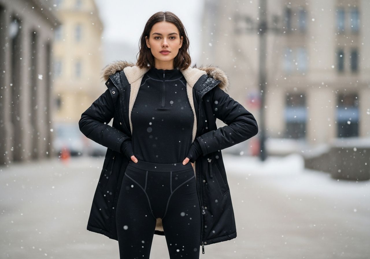 Mladá žena v moderním termoprádle a vrchním oblečení ve městě za mírného sněžení