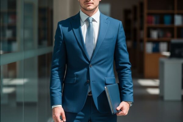 Mladý profesionál v obleku drží portfolio v moderní kanceláři s rozostřeným pozadím a přirozeným světlem