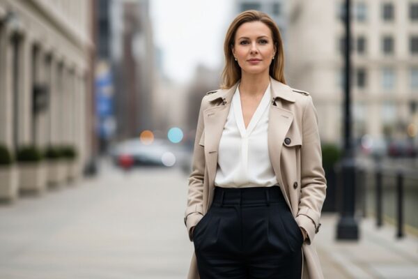 Žena v béžovém trenčkotu a černých kalhotách v městském prostředí s rozostřeným pozadím.