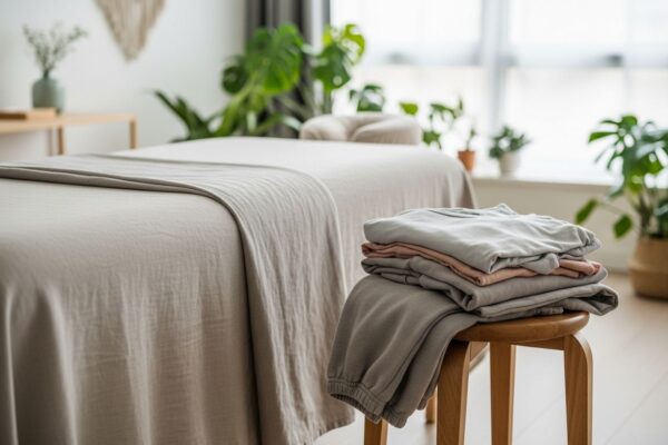 Moderní terapeutická místnost s masážním stolem, oblečením na stoličce a zelenými rostlinami v pozadí