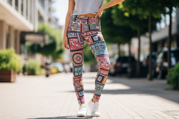 Mladá žena v barevných legínách stojí na slunné městské ulici v neformálním outfitu