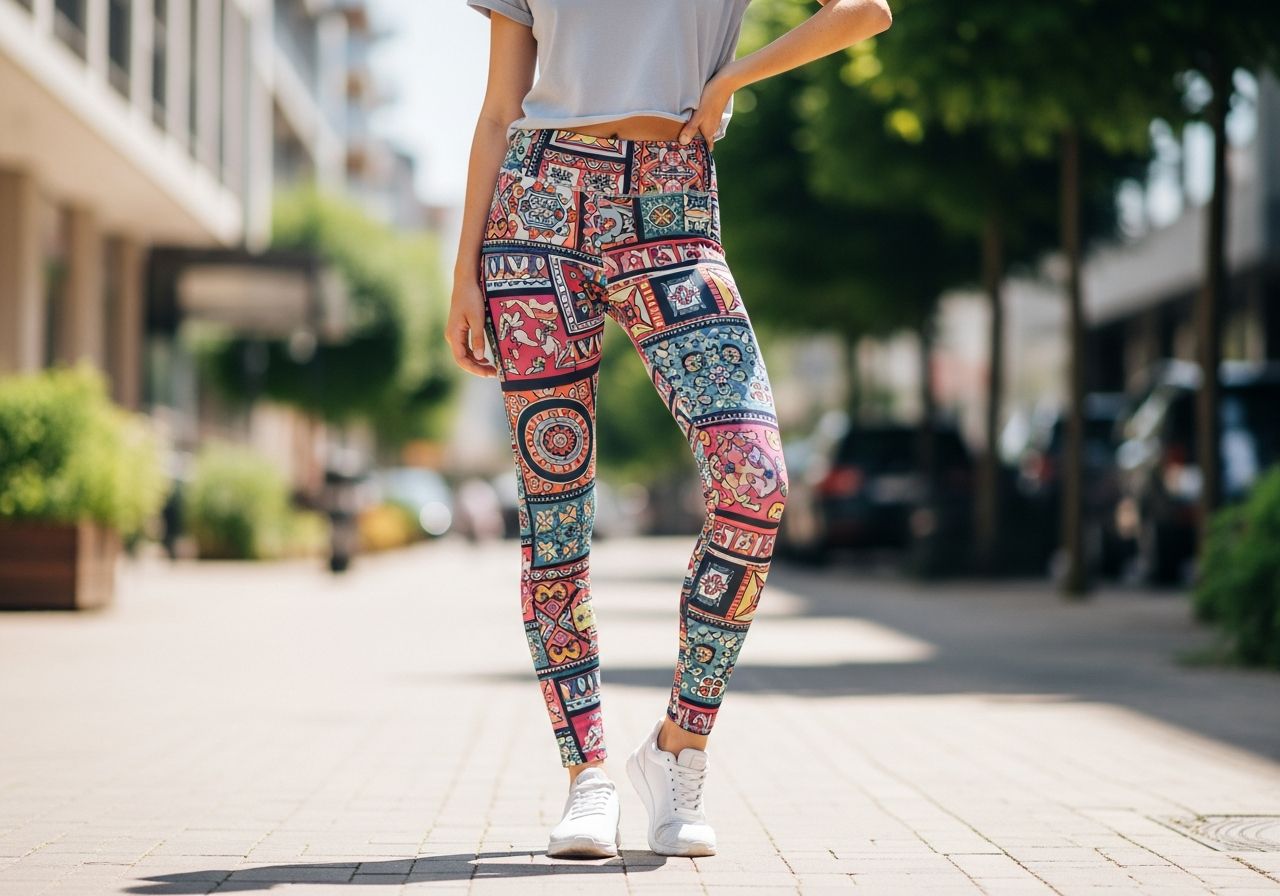 Mladá žena v barevných legínách stojí na slunné městské ulici v neformálním outfitu