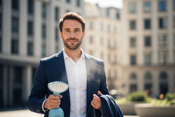 Muž drží sako a napařovač, stojí ve městě, oblečen v modrý blazer a bílou košili.