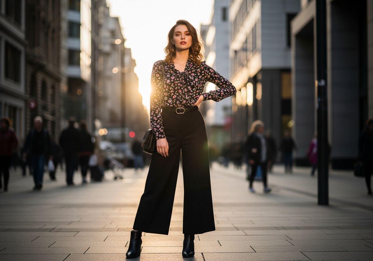 Mladá žena v módním oblečení stojí na rušné městské ulici za zlaté hodiny.