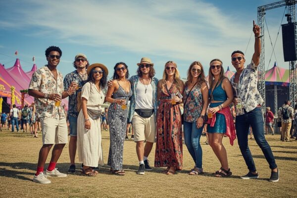 Skupina mladých lidí na venkovním hudebním festivalu v lehkém oblečení pod modrou oblohou.
