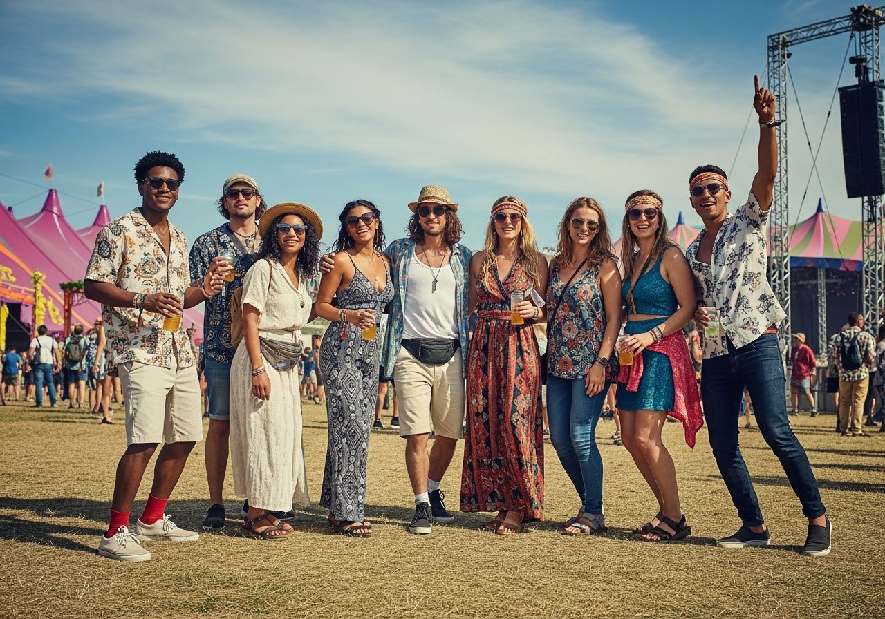Skupina mladých lidí na venkovním hudebním festivalu v lehkém oblečení pod modrou oblohou.