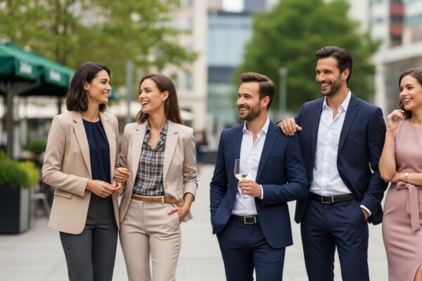 Skupina čtyř lidí v různých stylových outfitech ve městě během dne, přirozená interakce