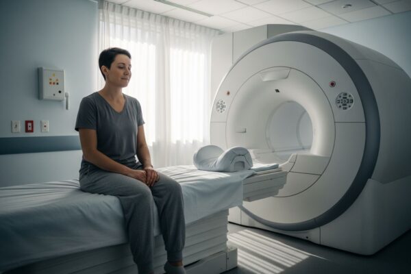 Pacient sedí na lůžku připravený na MRI kolena v moderní vyšetřovací místnosti.