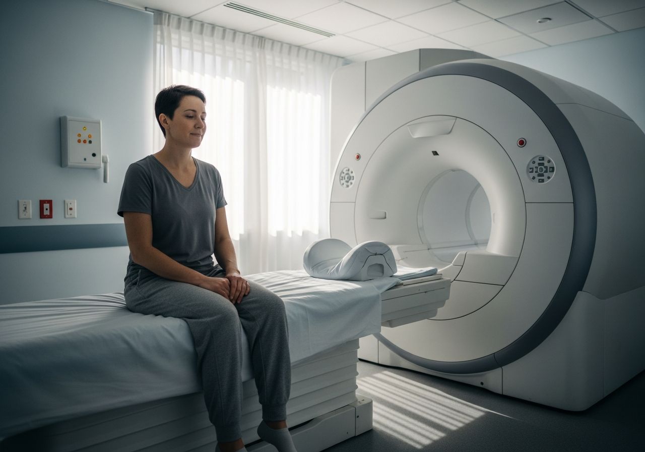 Pacient sedí na lůžku připravený na MRI kolena v moderní vyšetřovací místnosti.