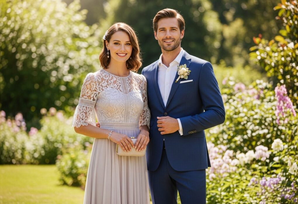 Stylový pár v elegantním svatebním oblečení v zahradě se zelení a květinami na slunci