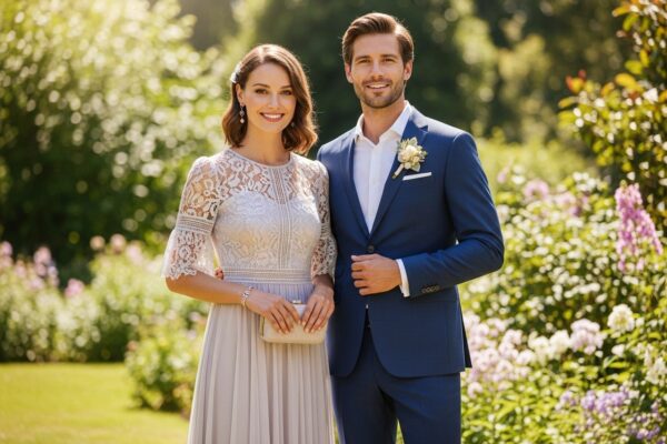 Stylový pár v elegantním svatebním oblečení v zahradě se zelení a květinami na slunci