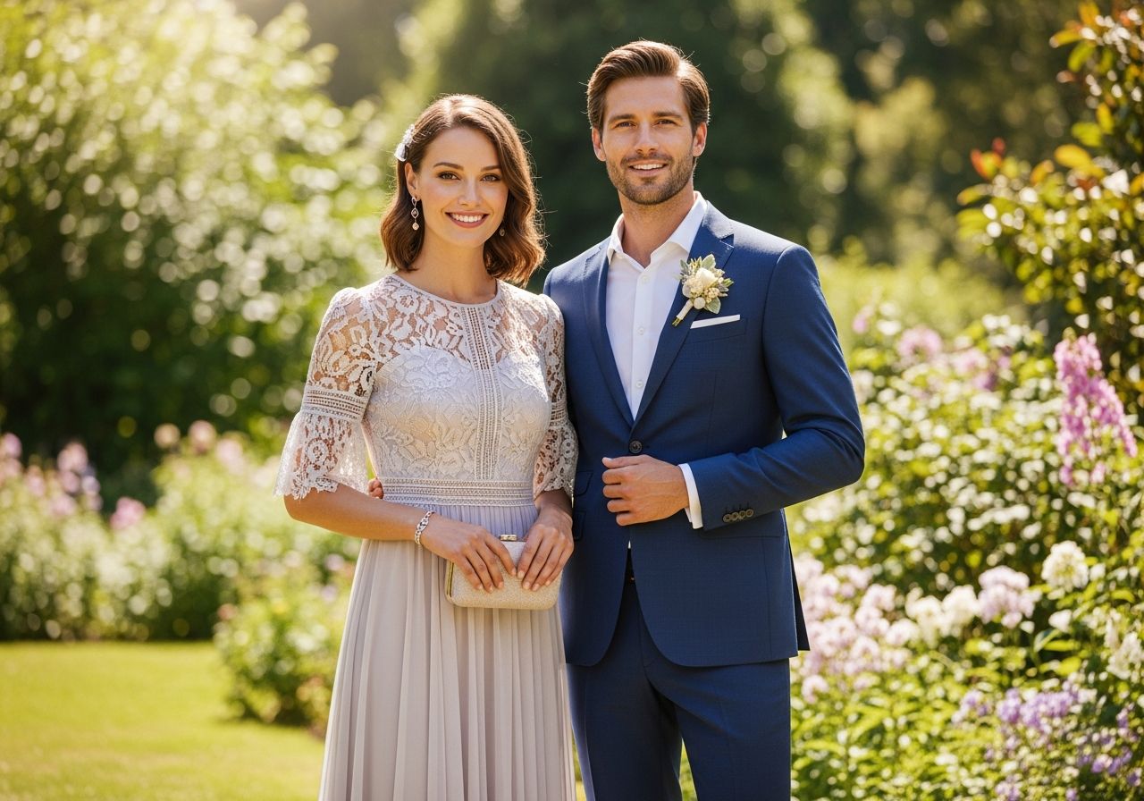Stylový pár v elegantním svatebním oblečení v zahradě se zelení a květinami na slunci