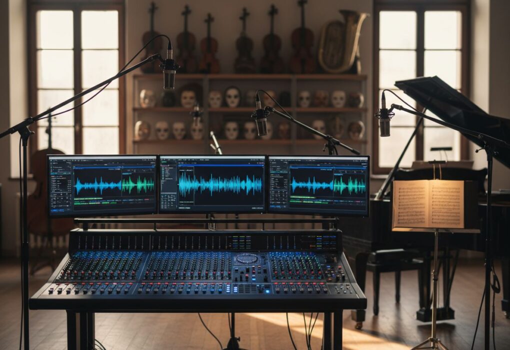 Moderní multimediální studio pro operu s mixážním pultem, monitory, pianem a mikrofony v přirozeném světle