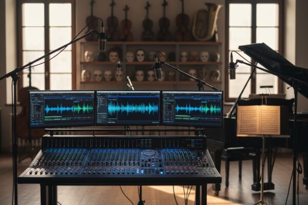 Moderní multimediální studio pro operu s mixážním pultem, monitory, pianem a mikrofony v přirozeném světle