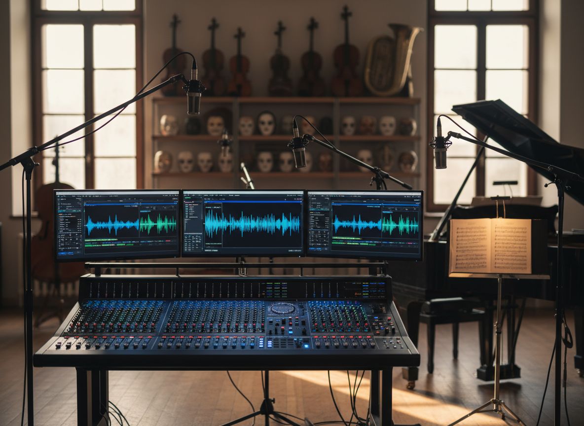 Moderní multimediální studio pro operu s mixážním pultem, monitory, pianem a mikrofony v přirozeném světle