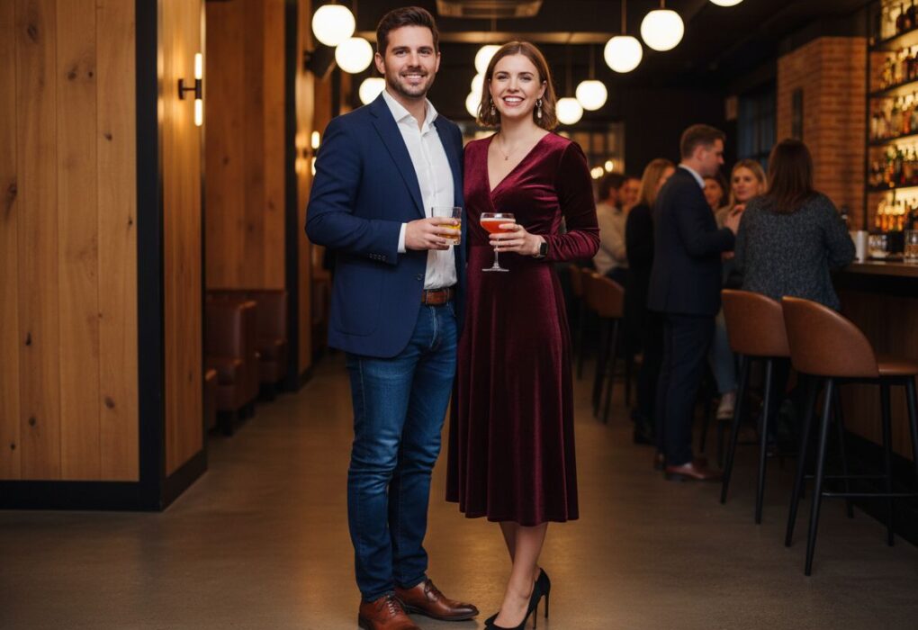 Muž a žena s drinky stojí v moderním lounge baru s dřevěným obkladem a teplým osvětlením.