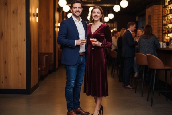Muž a žena s drinky stojí v moderním lounge baru s dřevěným obkladem a teplým osvětlením.