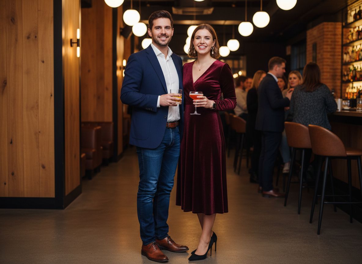 Muž a žena s drinky stojí v moderním lounge baru s dřevěným obkladem a teplým osvětlením.